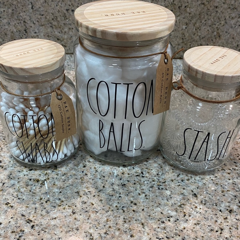 Rae Dunn Cotton Balls stash and cotton swabs